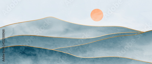 Watercolor landscape art background with mountains and hills with gold line. Abstract ink banner for wallpaper design, interior, decor, print, packaging.