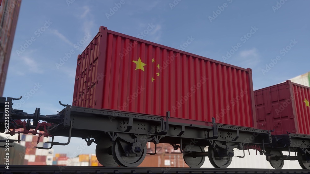 Containers with the flag of China. Railway transportation. 3d illustration Containers with the flag of China. Railway transportation. 3d illustration
