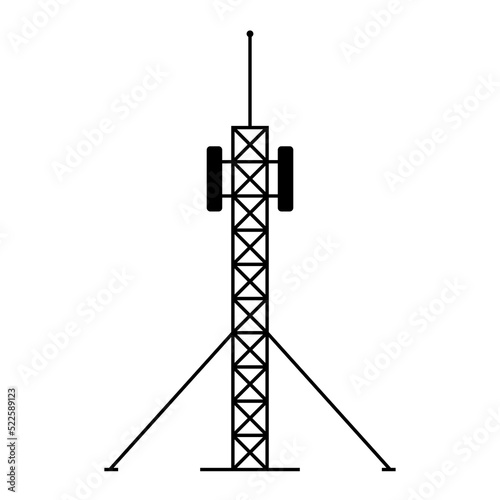 Tower icon. Television, radio. Black contour linear silhouette. Editable strokes. Vertical front side view. Vector simple flat graphic illustration. Isolated object on a white background. Isolate.