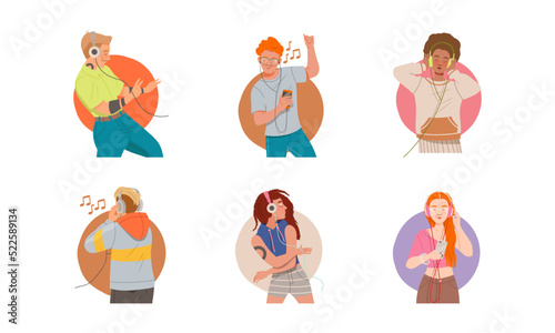 People Character with Headphones Listening to Music and Moving with Dancing Motion Vector Set