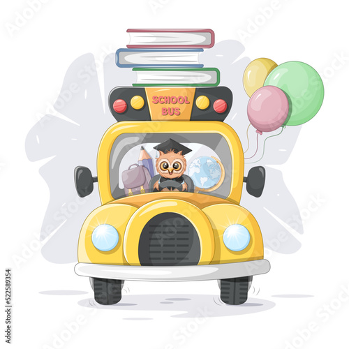 Smart owl driving a school bus  with balloons and school supplies