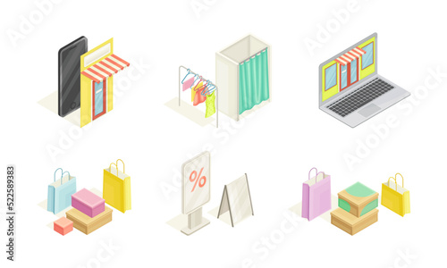 Shopping and Retail Industry with Consumer Goods in Bags and Online Purchase Isometric Vector Set