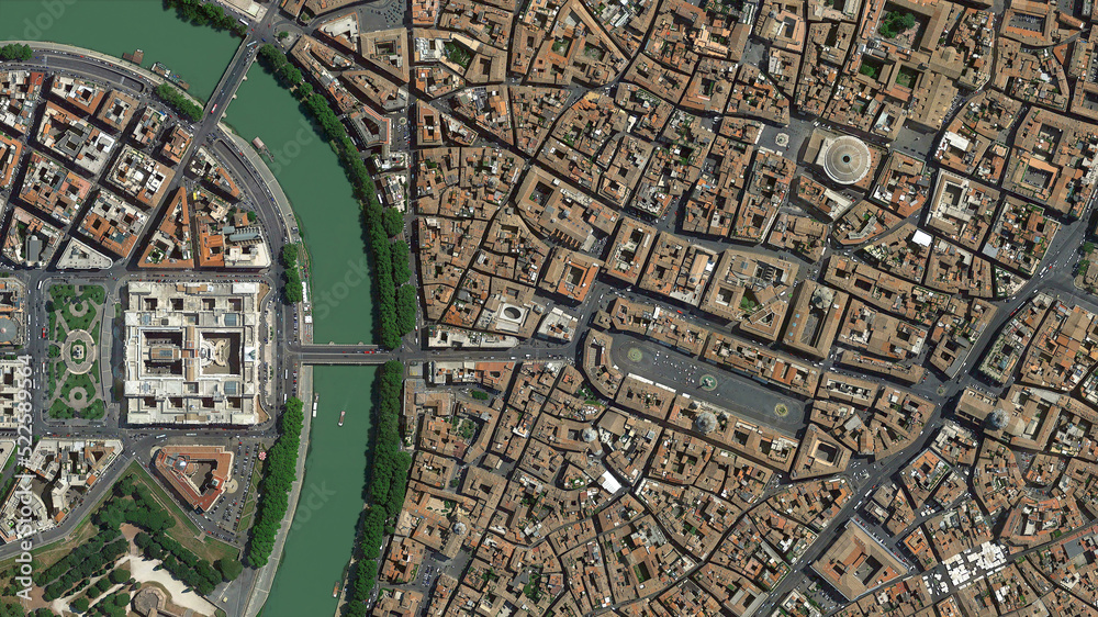 City of Rome and tiber river looking down aerial view from above – Bird’s eye view Rome, Italy