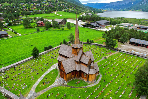 Wooden church in Lom stavkyrkje church in Norway Europe aerial view photo
