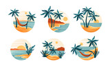 Tropical Landscape with Shining Sun and Sandy Beach with Palm Tree in Circle Vector Set