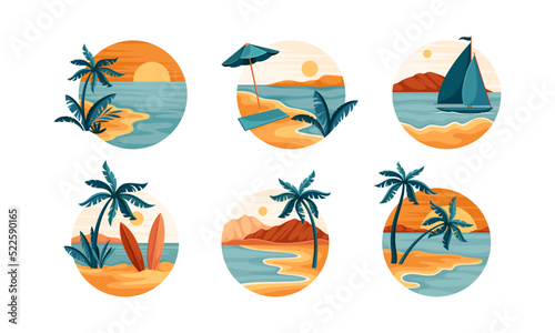 Tropical Landscape with Shining Sun and Sandy Beach with Palm Tree in Circle Vector Set