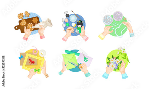 Top view of hands creating diy crafts set vector illustration