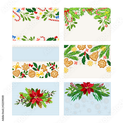 Christmas templates for greeting card set. Happy New Year cards, banners with fir tree branches, poinsettia flowers and gingerbreads vector illustration