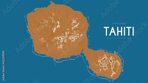 Topographic map of Tahiti, Society Islands, French Polynesia, Pacific Ocean. Vector detailed elevation map of island. Geographic elegant landscape outline poster.