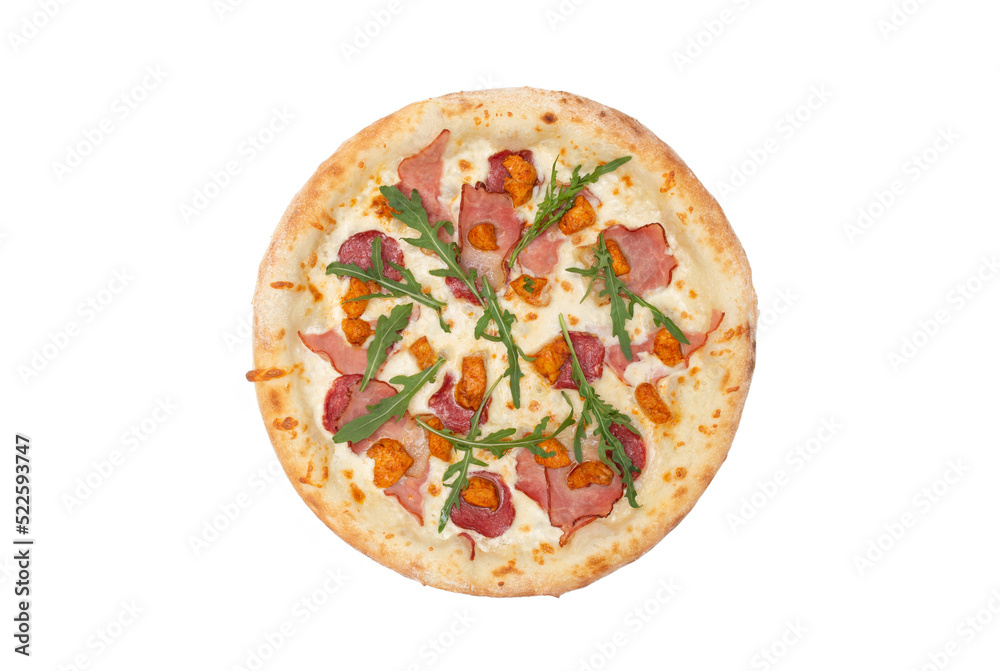 Pizza with mozzarella cheese, salami, chicken, bacon and fresh arugula salad isolated over white background. Top view. Copy space Pizza with mozzarella cheese, salami, chicken, bacon and fresh arugula salad isolated over white background. Top view. Copy space