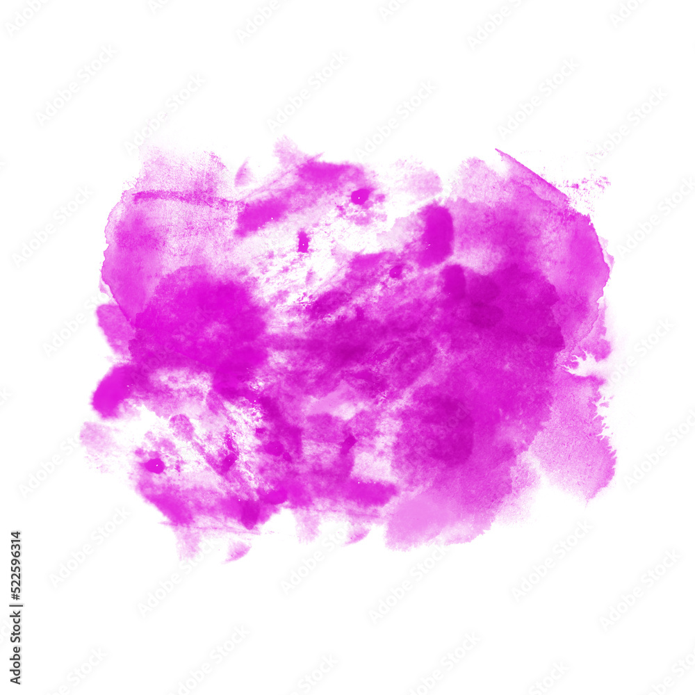 Abstract hand-drawn blurred textured bright pink wet watercolor stain with brushstrokes isolated on white background. Freehand paintbrush graphic design element. Messy magenta acrylic paint spot.