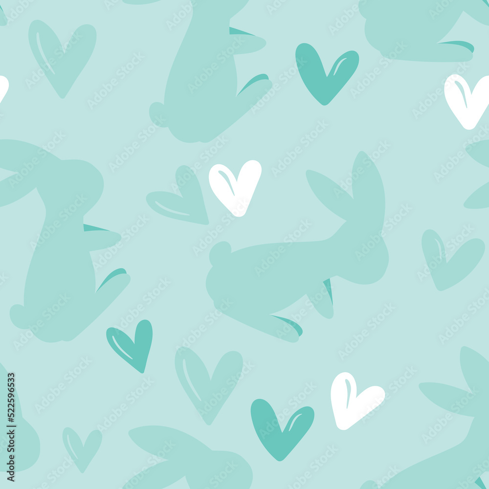 Seamless pattern with silhouette Easter rabbits on color background. Design for card, postcard, wallpaper, fabric, textile. Vector stock illustration. Cartoon style Seamless pattern with silhouette Easter rabbits on color background. Design for card, postcard, wallpaper, fabric, textile. Vector stock illustration. Cartoon style