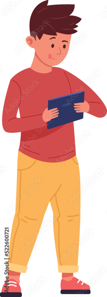 Kid with tablet. Child digital addiction. Boy watching video or playing games Kid with tablet. Child digital addiction. Boy watching video or playing games
