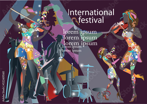 Design with an abstract jazz saxophonist decorated with notes and patterns, musicians for musical poster.  Hand drawn vector illustration.