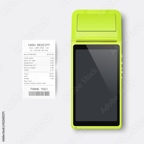 Vector 3d Black NFC Payment Machine and Paper Check, Receipt Isolated. Wi-fi, Wireless Payment. POS Terminal, Machine Design Template of Bank Payment Contactless Terminal, Mockup. Top VIew