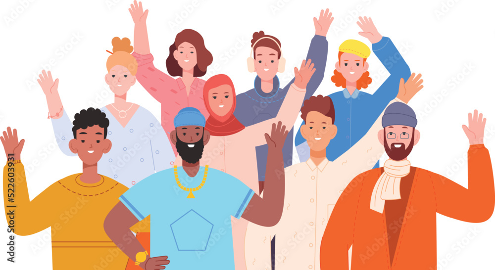 Group photo. Smiling people raising hands in greeting gesture Group photo. Smiling people raising hands in greeting gesture