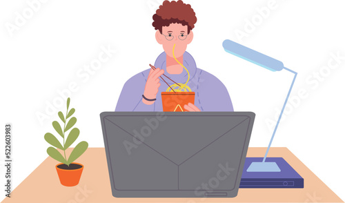 Meal break in office. Man eats lunch at workplace