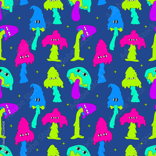 Psychedelic trippy mushroom seamless pattern. Crazy cartoon hand drawn colorful illustration. Background for 60's rave party.