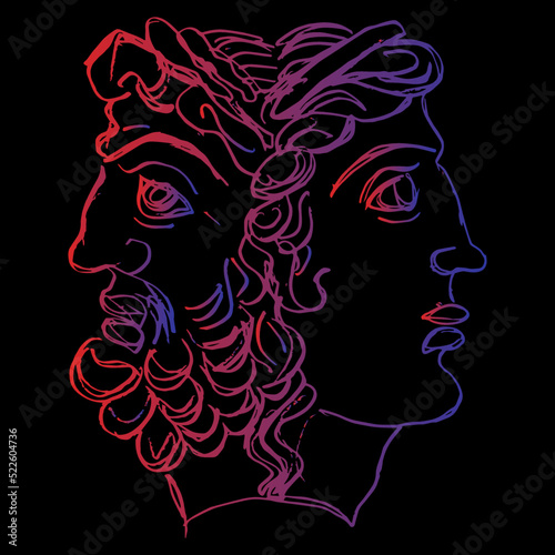 Ancient Greek Janus. Janiform head of Zeus and Hera. Juxtaposition of male and female, young and old, past and future. Hand drawn linear rough sketch. Red and blue silhouette on black background.