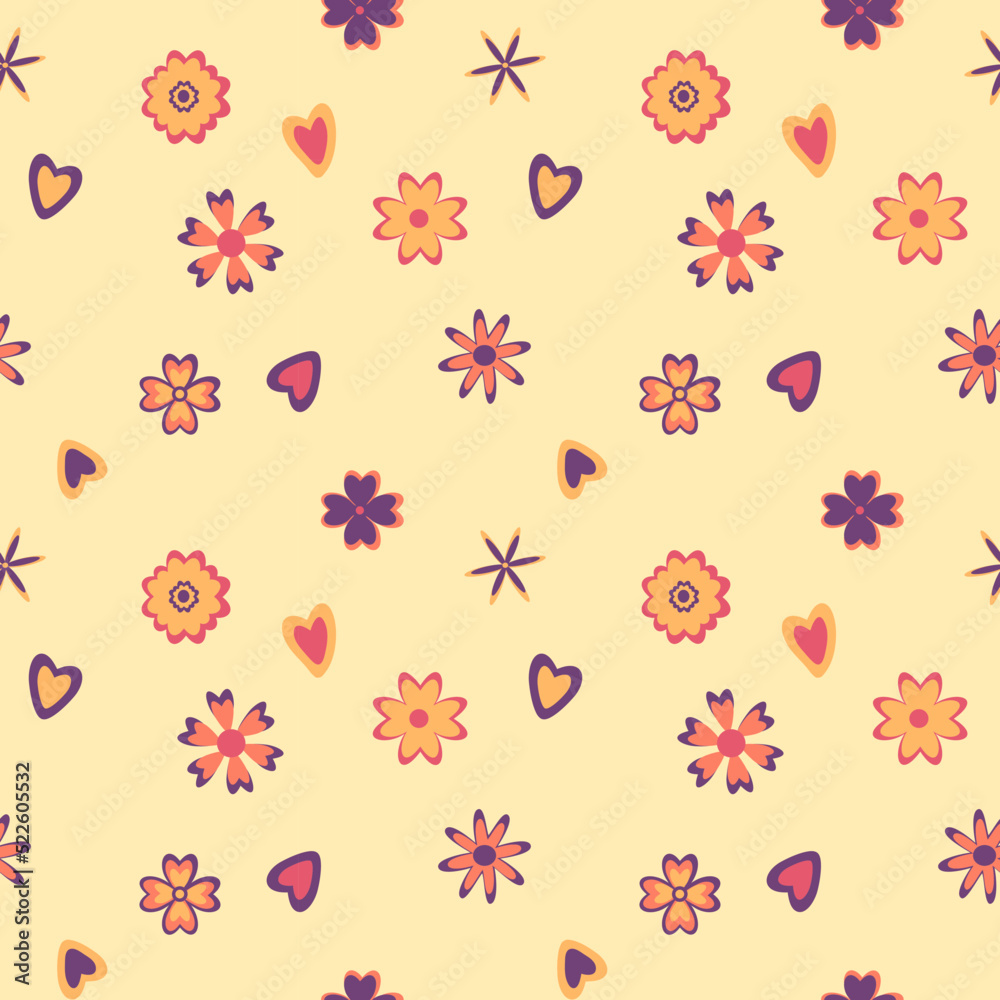 Seamless pattern with abstract flowers, hearts in a warm orange purple palette on beige background.
