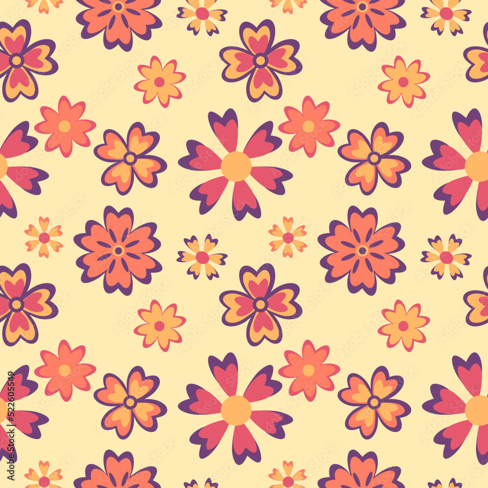 Seamless pattern with abstract flowers in a warm orange purple palette on beige background.