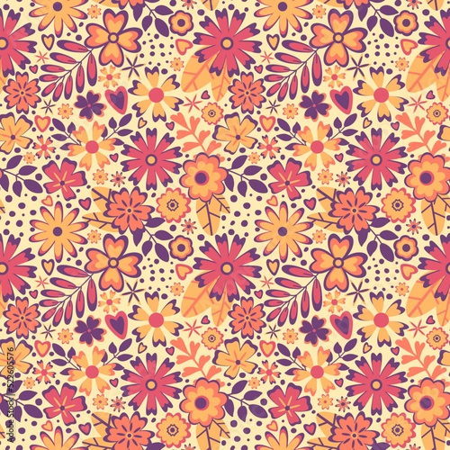 Seamless pattern with abstract flowers, leaves, branches, hearts in a warm orange purple palette on beige background.