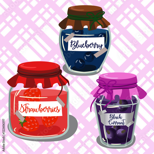 A set of fruit jams in glass jars in cartoon style. Strawberries, blueberries, black currants. Used for children's illustration, kitchen, food illustration.