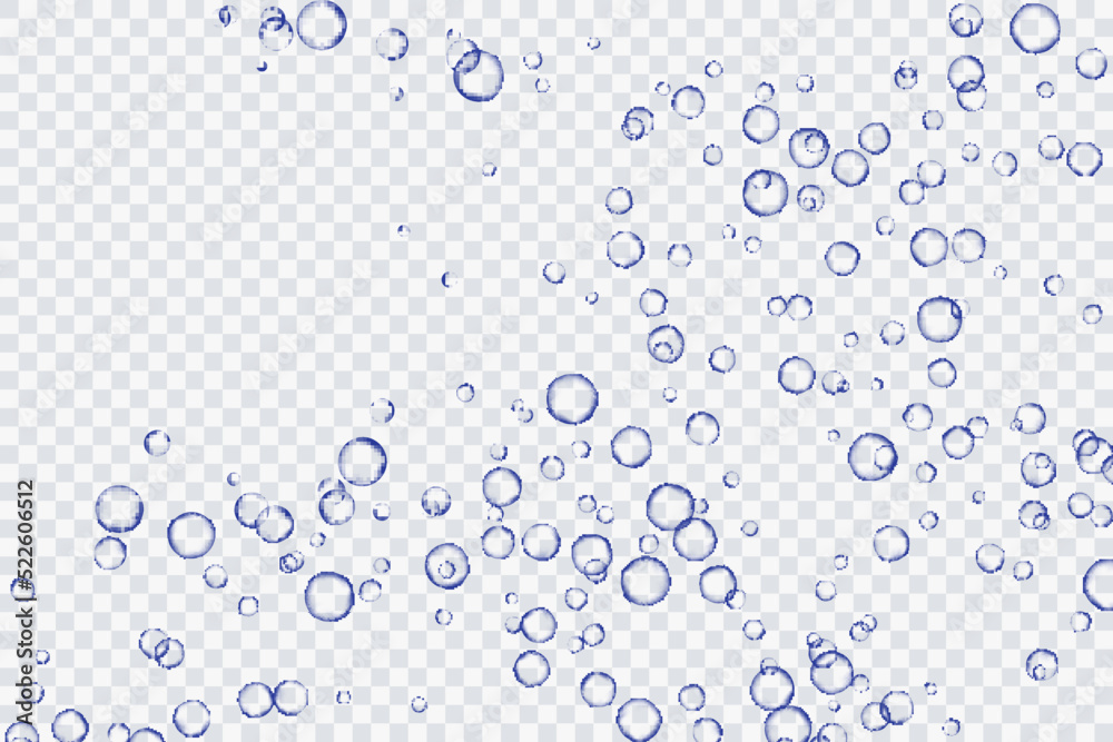 Blue air bubbles, oxygen, champagne crystal clear, isolated on a transparent background of modern design. Vector illustration of EPS 10.