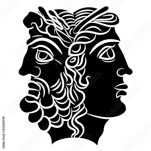Ancient Greek Janus. Janiform head of Zeus and Hera. Juxtaposition of male and female, young and old, past and future. Black and white negative silhouette. photo