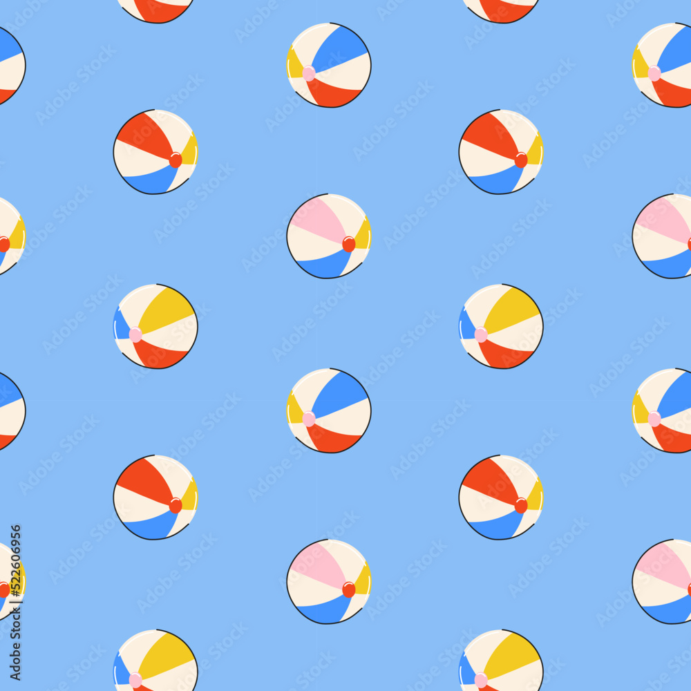 Seamless summer pattern with colorful balls in bright blue, pink, yellow colors in flat style on blue background. For print, package, wrapper. Seamless summer pattern with colorful balls in bright blue, pink, yellow colors in flat style on blue background. For print, package, wrapper.