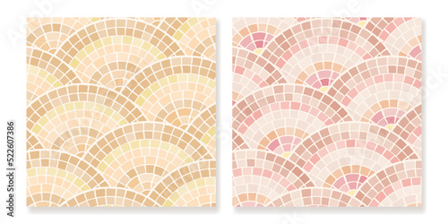 Set of mosaic tiles with circular ornaments in beige and pink. For ceramics, tiles, ornaments, backgrounds and other projects.