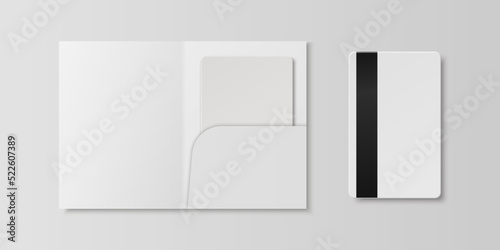 Vector 3d Realistic White Guest Room, Plastic Hotel Apartment Keycard Template with Paper Cover Case, Wallet. Design Template of Hotel Room Plastic Key Card for Mockup, Branding. Top View photo