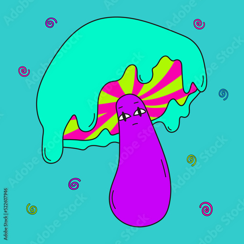 Psychedelic acid leaked mushroom with face on green background.