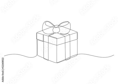 Gift box for Christmas, birthday or holiday, continuous one art line drawing. Present box, wrapped package with ribbon bow. Surprise on party and celebration. Vector outline illustration