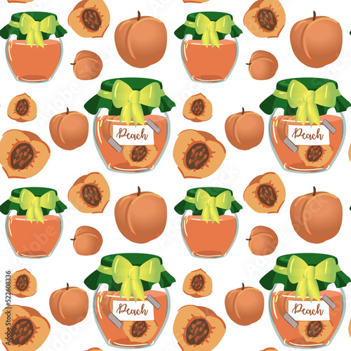 Background jam made of peaches, jars, jams, sunsets. Used in textile illustration, kitchen illustration, gift wrapping. Background, pattern, seamless.