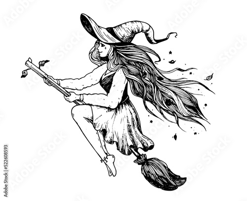 Halloween witch illustration. Girl flying on broomstick. Hand drawn vector illustration. Young woman on broom sketch. Halloween young witch.