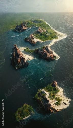 erial view of small exotic atoll islands in the open ocean sea. Beautiful nature. 3D illustration. © Bisams