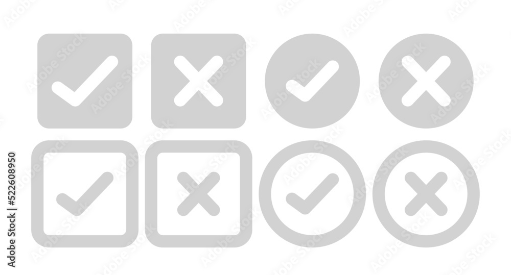 Check mark symbols. Gray tick and cross icon. Square check marks. Rounded checkmark symbols. True and false icon, correct, false, right and wrong, done. Check mark symbols. Gray tick and cross icon. Square check marks. Rounded checkmark symbols. True and false icon, correct, false, right and wrong, done.