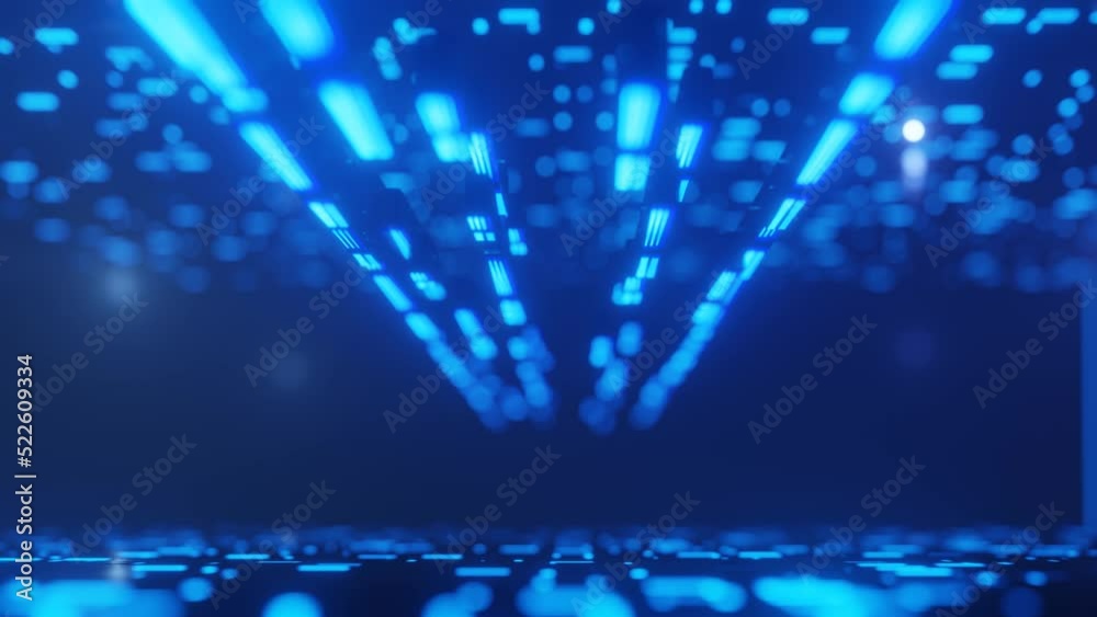 Fly through technology cyberspace with neon glow. Sci-fi flight through hi-tech technology tunnel. Hologram and neon light. metal blocks in the air. 3d looped seamless 4k bright background. Data flow