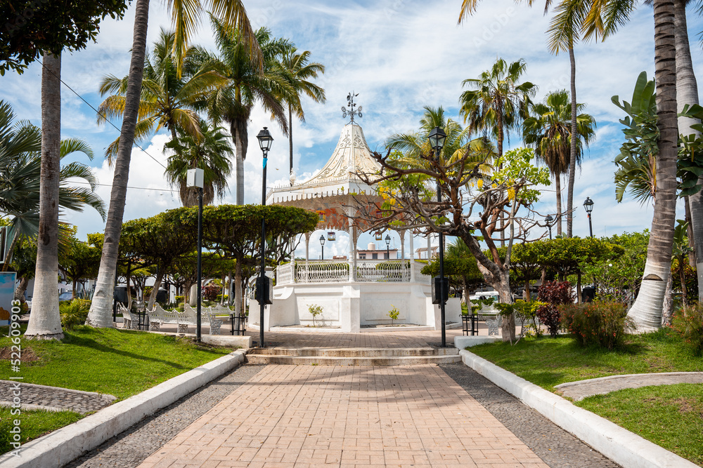 Colonial kiosk in the center of the park in the magical town of Comala in Colima, Mexico, white town