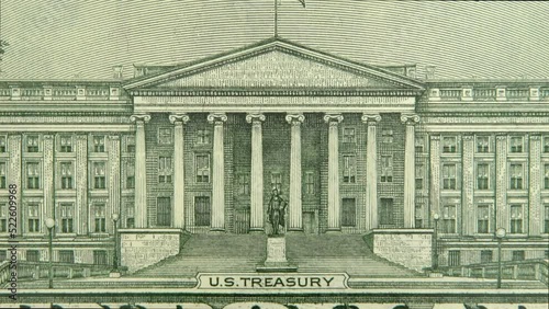 Macro zoom of the US Treasury Building on the back of the ten dollar bill. photo