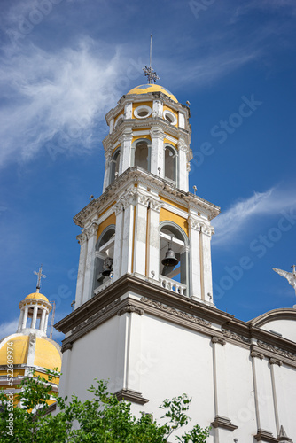 beautiful church in the magical town of Comala in Colima, Mexico, white town, wide angle photo.