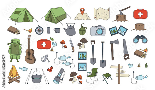 Set of tourism, travel, hiking icons. Line filled colored travel icons isolated on white background. Collection hiking icons stickers in outline color style. Line color flat vector illustrations.