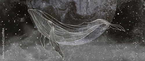 Watercolor dark art background with a whale against the starry sky in white line style. Animal hand drawn ink banner for wallpaper design, print, packaging, textile, interior decor.