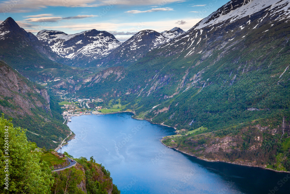 Geirangerfjord and village in More og Romsdal, Norway, Northern Europe