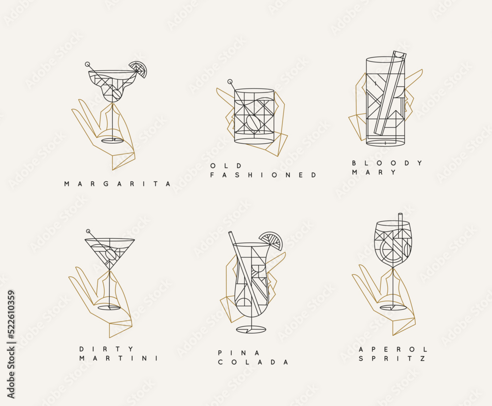 Set of hand holding drink glasses margarita, old fashioned, bloody mary