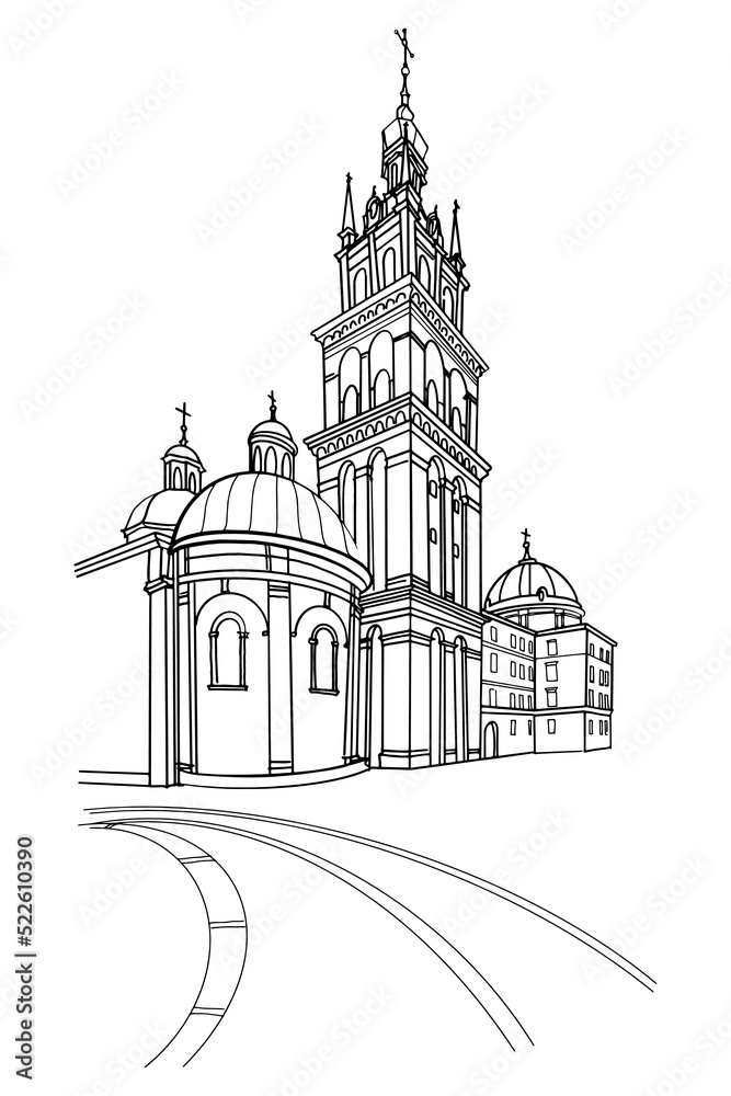 vector sketch of The Dormition or Assumption Church,  in Lviv, Ukraine.