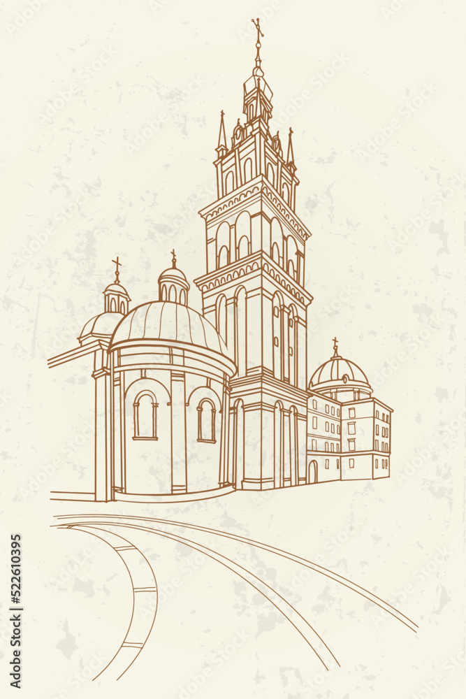 vector sketch of The Dormition or Assumption Church,  in Lviv, Ukraine.