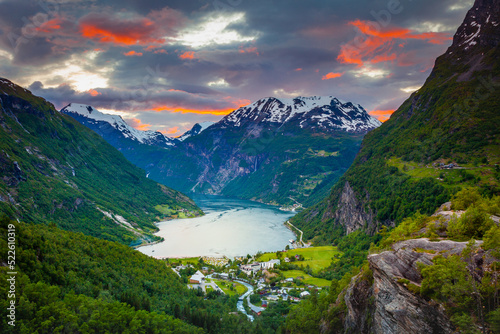 Slika na platnu Geirangerfjord and village in More og Romsdal, Norway, Northern Europe