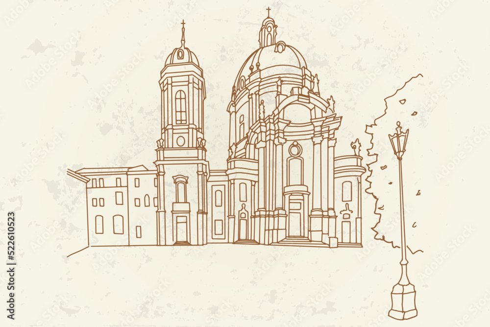 vector sketch of Dominican church and monastery in Lviv, Ukraine. Retro style.